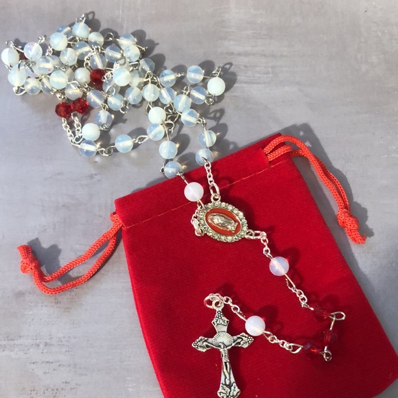 NEW Handmade 38” Red and White Beaded Rosary with Carrying Case Item #PHK673 - Picture 2 of 2